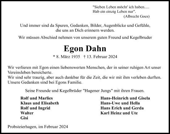 Traueranzeige von Egon Dahn von Kieler Nachrichten