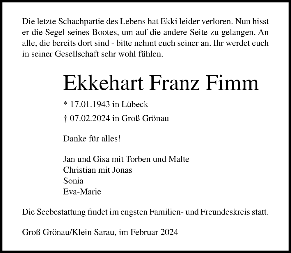  Traueranzeige für Ekkehart  Fimm vom 11.02.2024 aus Lübecker Nachrichten