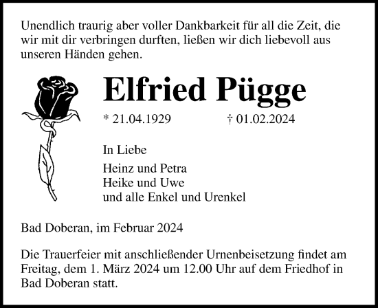 Traueranzeige von Elfried Pügge von Ostsee-Zeitung GmbH