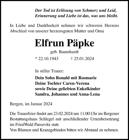 Traueranzeige von Elfrun Päpke von Ostsee-Zeitung GmbH