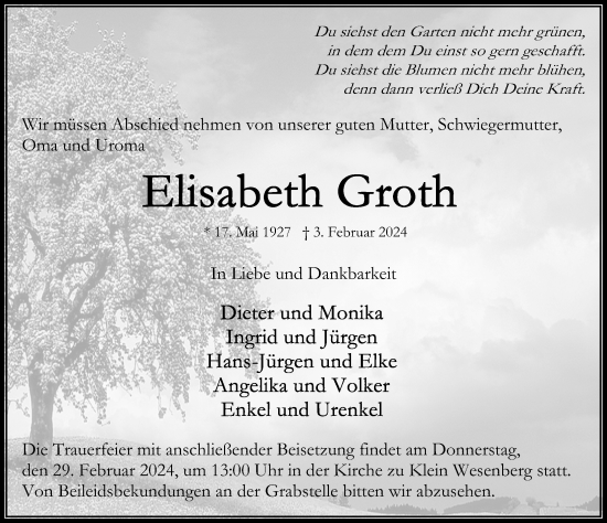 Traueranzeige von Elisabeth Groth von Lübecker Nachrichten