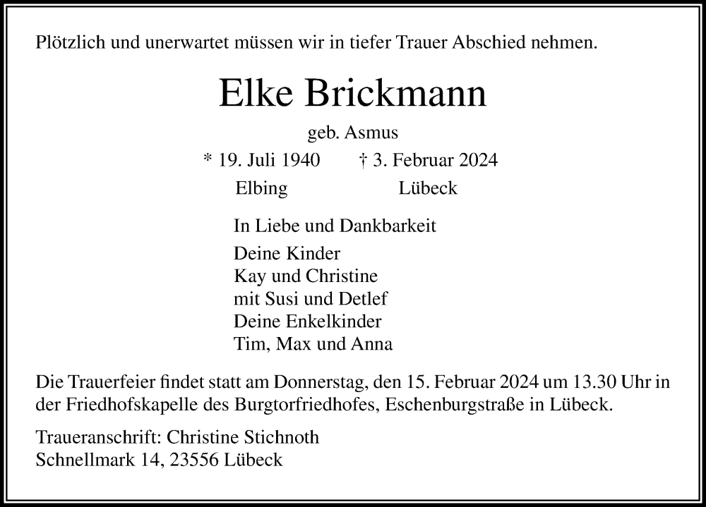  Traueranzeige für Elke Brickmann vom 11.02.2024 aus Lübecker Nachrichten
