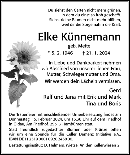 Traueranzeige von Elke Künnemann von Peiner Allgemeine Zeitung