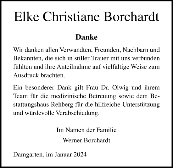 Traueranzeige von Elke Christiane Borchardt von Ostsee-Zeitung GmbH