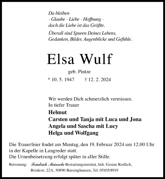 Traueranzeige von Elsa Wulf von Hannoversche Allgemeine Zeitung/Neue Presse