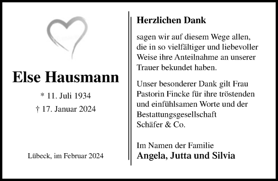 Traueranzeige von Else Hausmann von Lübecker Nachrichten