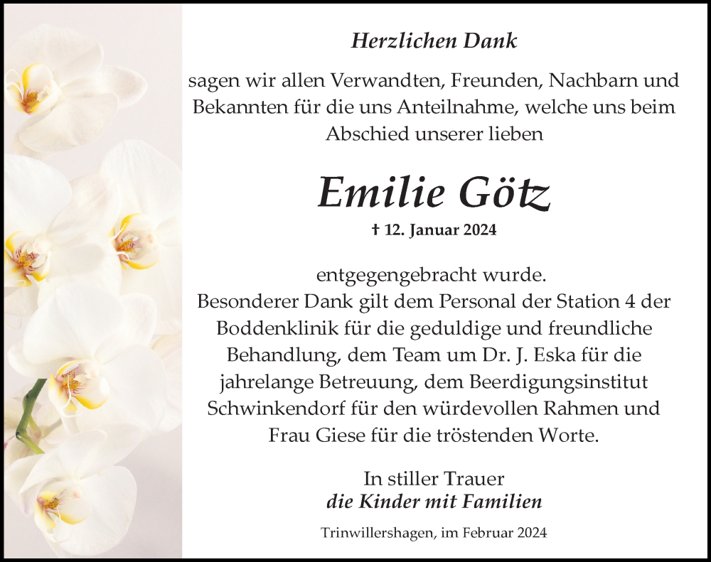  Traueranzeige für Emilie Götz vom 24.02.2024 aus Ostsee-Zeitung GmbH