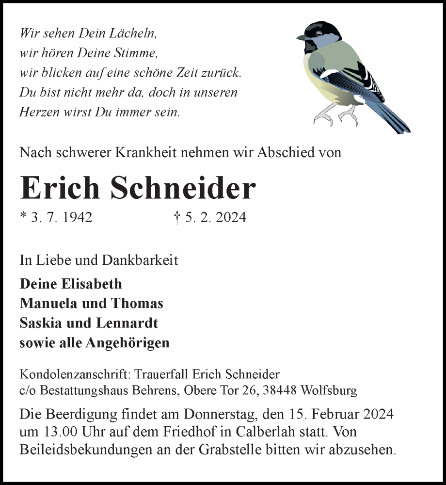  Traueranzeige für Erich Schneider vom 10.02.2024 aus Aller Zeitung