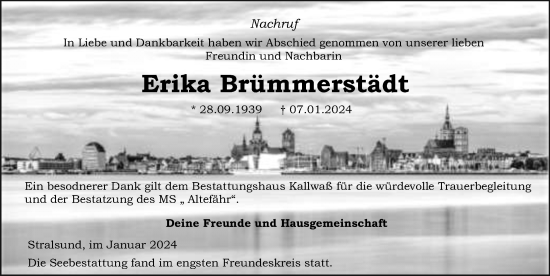 Traueranzeige von Erika Brümmerstädt von Ostsee-Zeitung GmbH