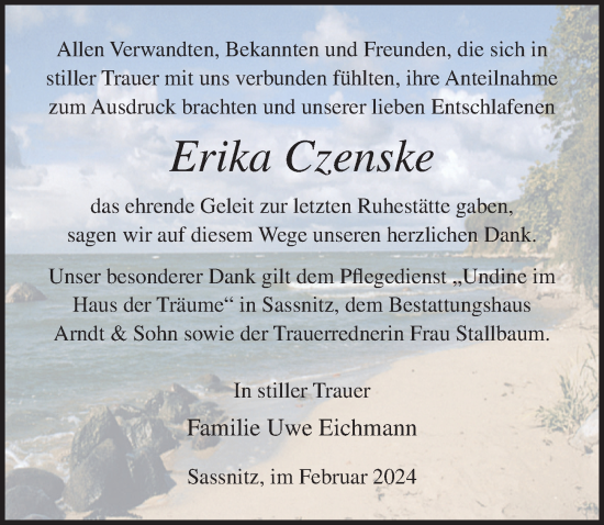 Traueranzeige von Erika Czenske von Ostsee-Zeitung GmbH