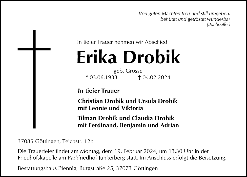  Traueranzeige für Erika Drobik vom 10.02.2024 aus Göttinger Tageblatt