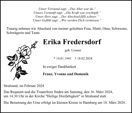 Traueranzeige von Erika Fredersdorf von Ostsee-Zeitung GmbH