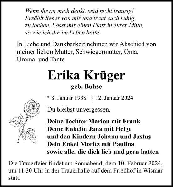Traueranzeige von Erika Krüger von Ostsee-Zeitung GmbH