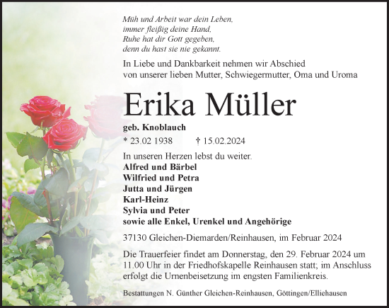 Traueranzeigen von Erika Müller | trauer-anzeigen.de