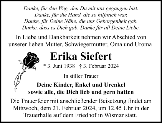 Traueranzeige von Erika Siefert von Ostsee-Zeitung GmbH