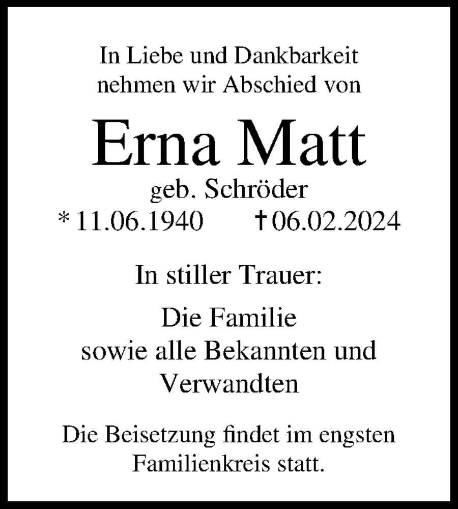  Traueranzeige für Erna Matt vom 10.02.2024 aus Ostsee-Zeitung GmbH