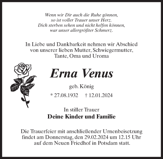 Traueranzeige von Erna Venus von Märkischen Allgemeine Zeitung