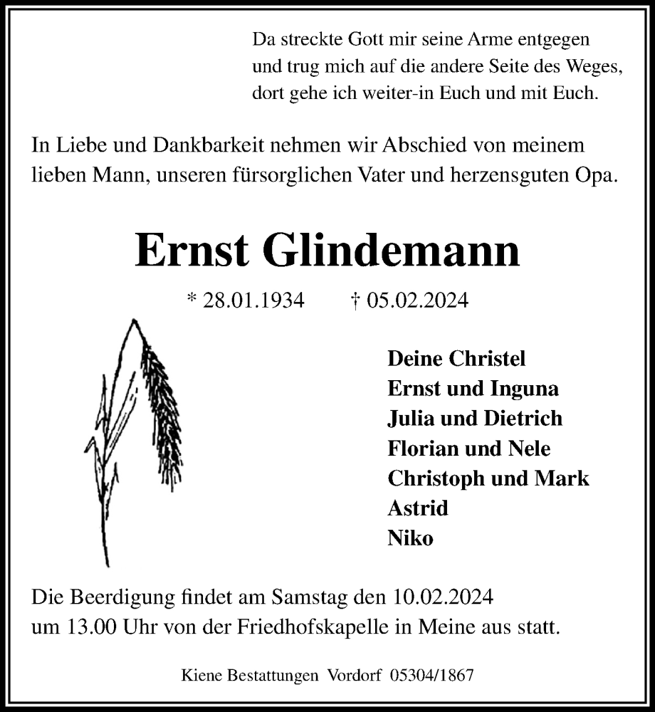  Traueranzeige für Ernst Glindemann vom 09.02.2024 aus Aller Zeitung