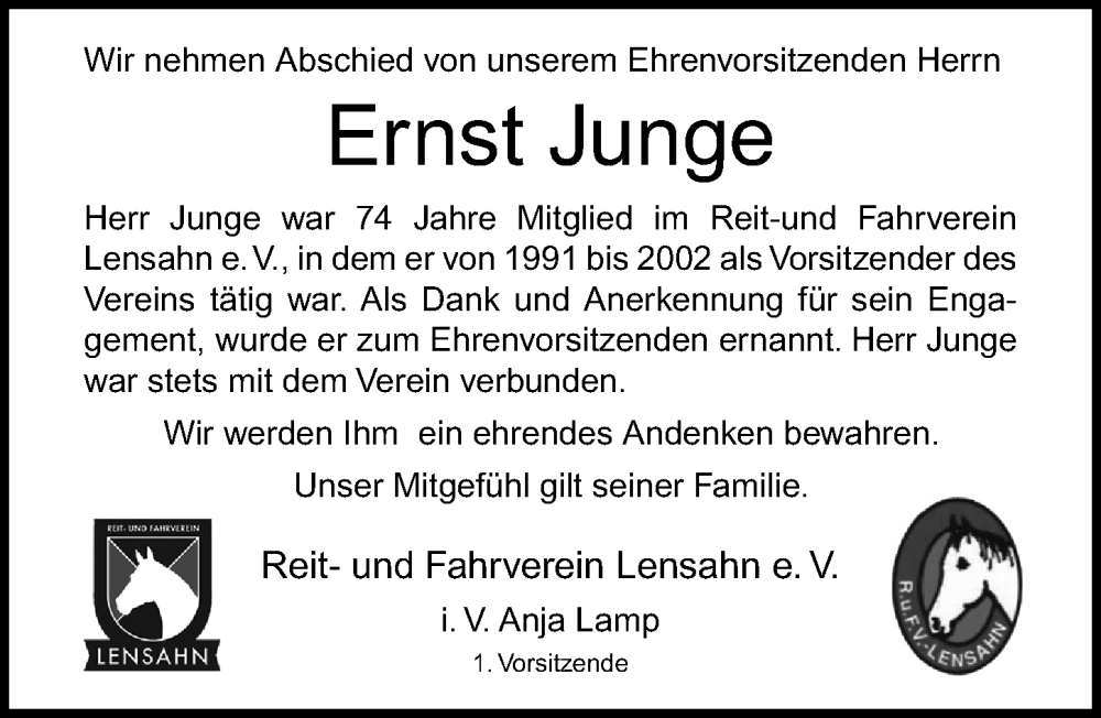  Traueranzeige für Ernst Junge vom 16.02.2024 aus Lübecker Nachrichten