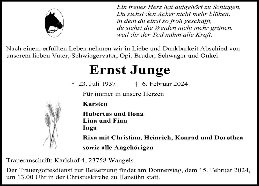  Traueranzeige für Ernst Junge vom 10.02.2024 aus Lübecker Nachrichten