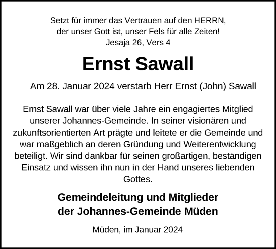 Traueranzeige von Ernst Sawall von Aller Zeitung