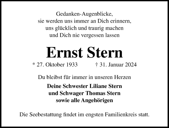 Traueranzeige von Ernst Stern von Lübecker Nachrichten