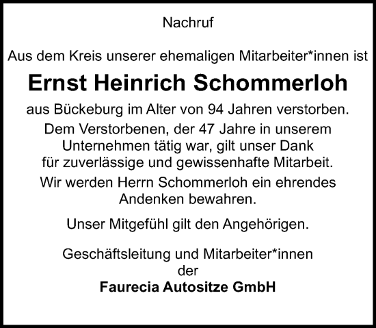 Traueranzeige von Ernst Heinrich Schommerloh von Schaumburger Nachrichten