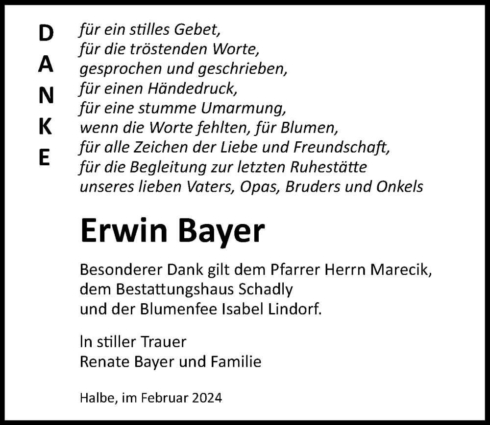  Traueranzeige für Erwin Bayer vom 24.02.2024 aus Märkischen Allgemeine Zeitung