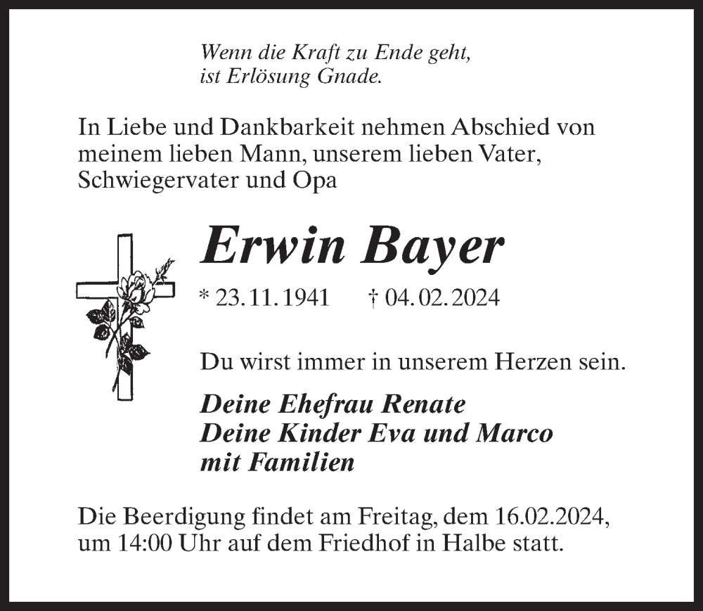  Traueranzeige für Erwin Bayer vom 10.02.2024 aus Märkischen Allgemeine Zeitung