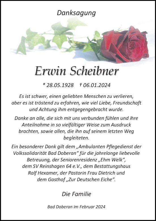 Traueranzeige von Erwin Scheibner von Ostsee-Zeitung GmbH