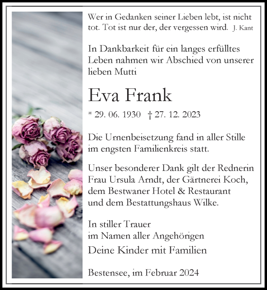 Traueranzeige von Eva Frank von Märkischen Allgemeine Zeitung