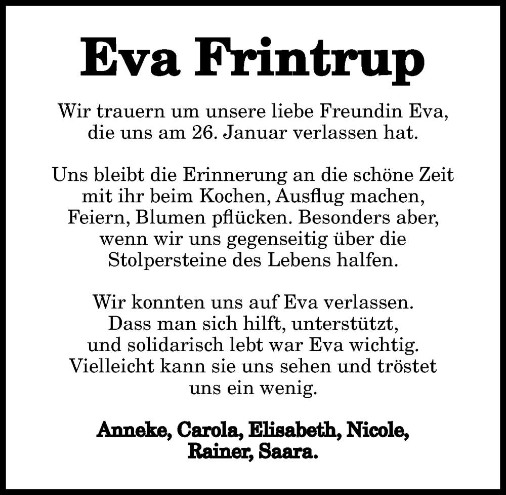  Traueranzeige für Eva Frintrup vom 03.02.2024 aus Göttinger Tageblatt