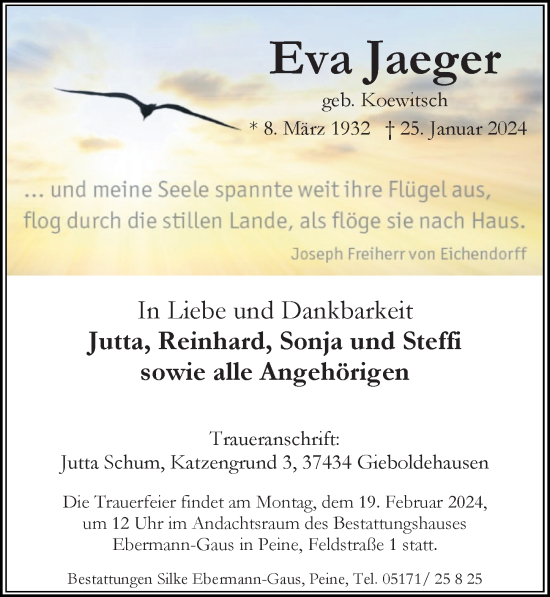 Traueranzeige von Eva Jaeger von Peiner Allgemeine Zeitung