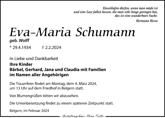 Traueranzeige von Eva-Maria Schumann von Torgauer Zeitung