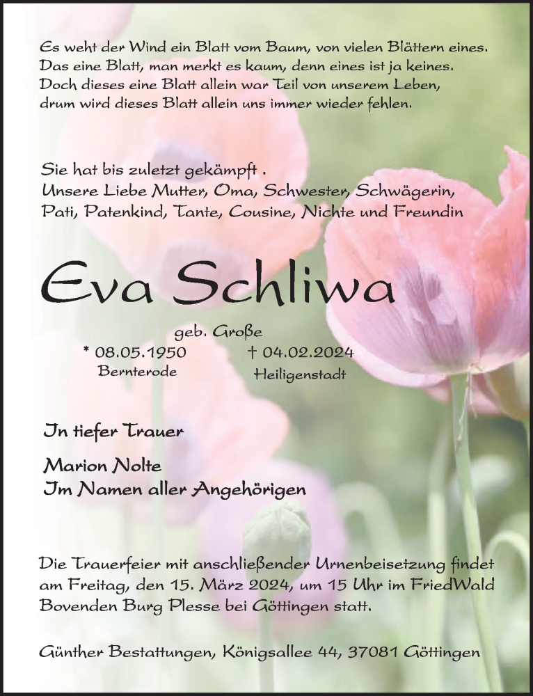  Traueranzeige für Eva Schliwa vom 10.02.2024 aus Eichsfelder Tageblatt