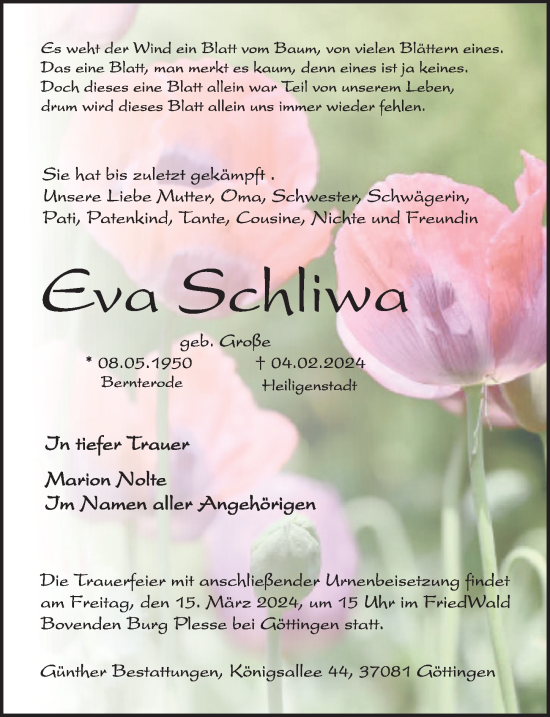 Traueranzeige von Eva Schliwa von Eichsfelder Tageblatt