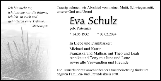Traueranzeige von Eva Schulz von Ostsee-Zeitung GmbH
