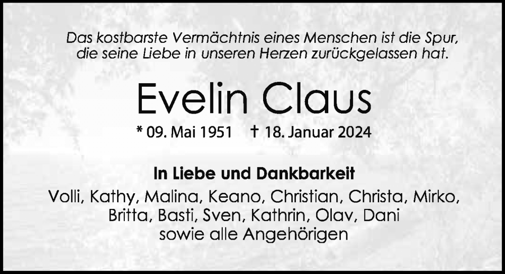  Traueranzeige für Evelin Claus vom 11.02.2024 aus Lübecker Nachrichten