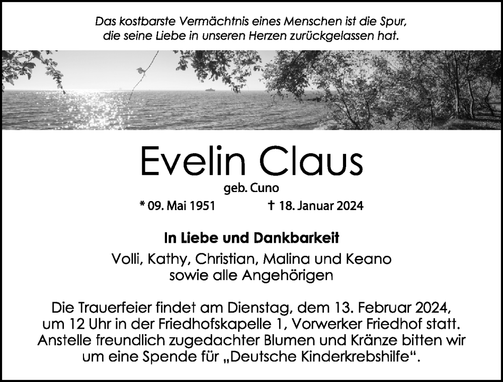  Traueranzeige für Evelin Claus vom 04.02.2024 aus Lübecker Nachrichten