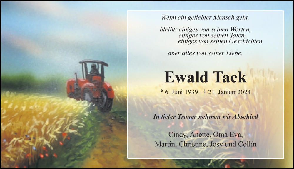  Traueranzeige für Ewald Tack vom 03.02.2024 aus Ostsee-Zeitung GmbH