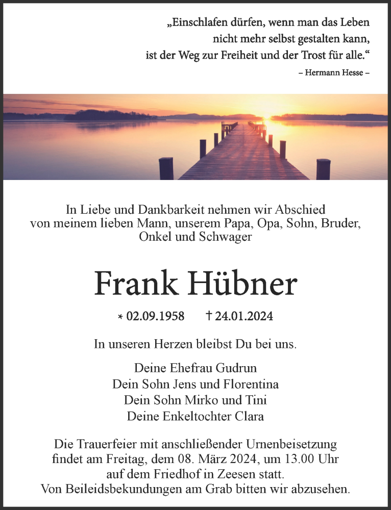  Traueranzeige für Frank Hübner vom 03.02.2024 aus Märkischen Allgemeine Zeitung