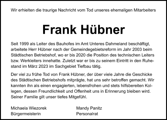 Traueranzeige von Frank Hübner von Märkischen Allgemeine Zeitung