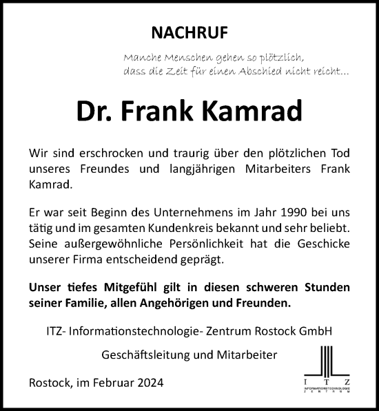 Traueranzeige von Frank Kamrad von Ostsee-Zeitung GmbH