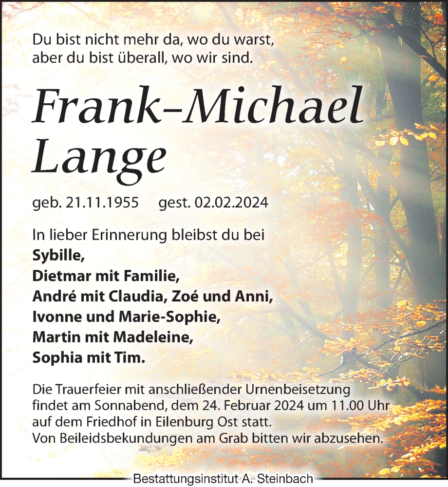  Traueranzeige für Frank-Michael Lange vom 17.02.2024 aus Leipziger Volkszeitung