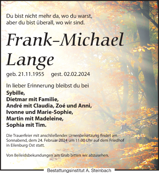 Traueranzeige von Frank-Michael Lange von Torgauer Zeitung