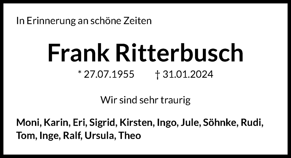  Traueranzeige für Frank Ritterbusch vom 10.02.2024 aus Hannoversche Allgemeine Zeitung/Neue Presse