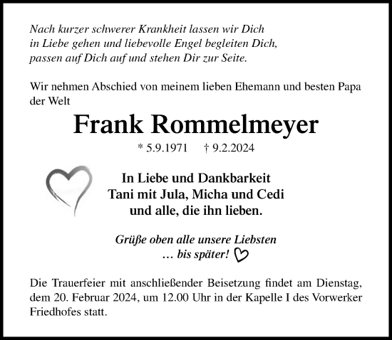 Traueranzeige von Frank Rommelmeyer von Lübecker Nachrichten