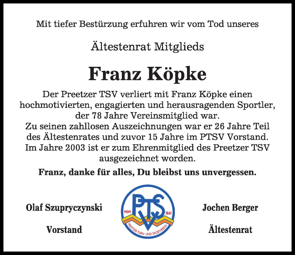  Traueranzeige für Franz Köpke vom 17.02.2024 aus Kieler Nachrichten