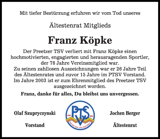 Traueranzeige von Franz Köpke von Kieler Nachrichten