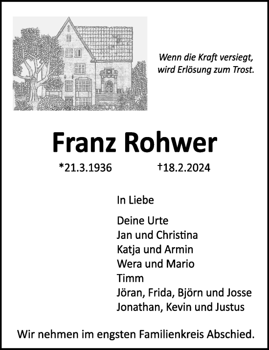 Traueranzeige von Franz Rohwer von Kieler Nachrichten